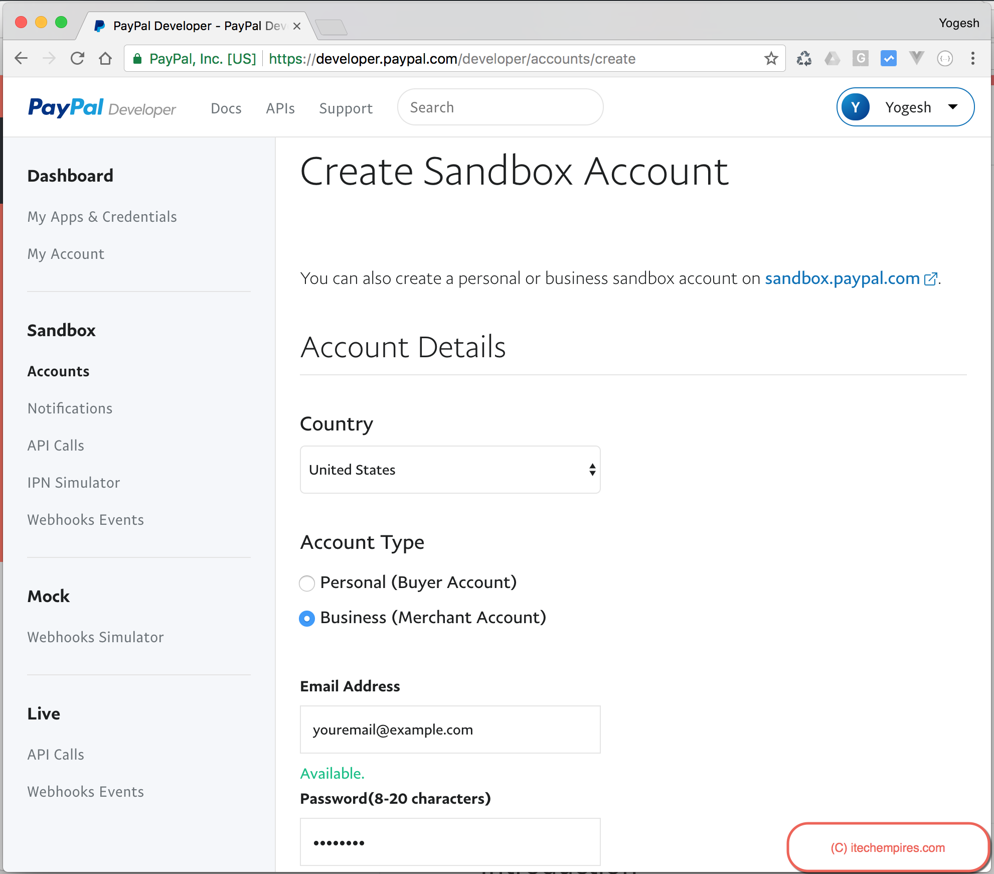 Create Sandbox account - Enter Account Details