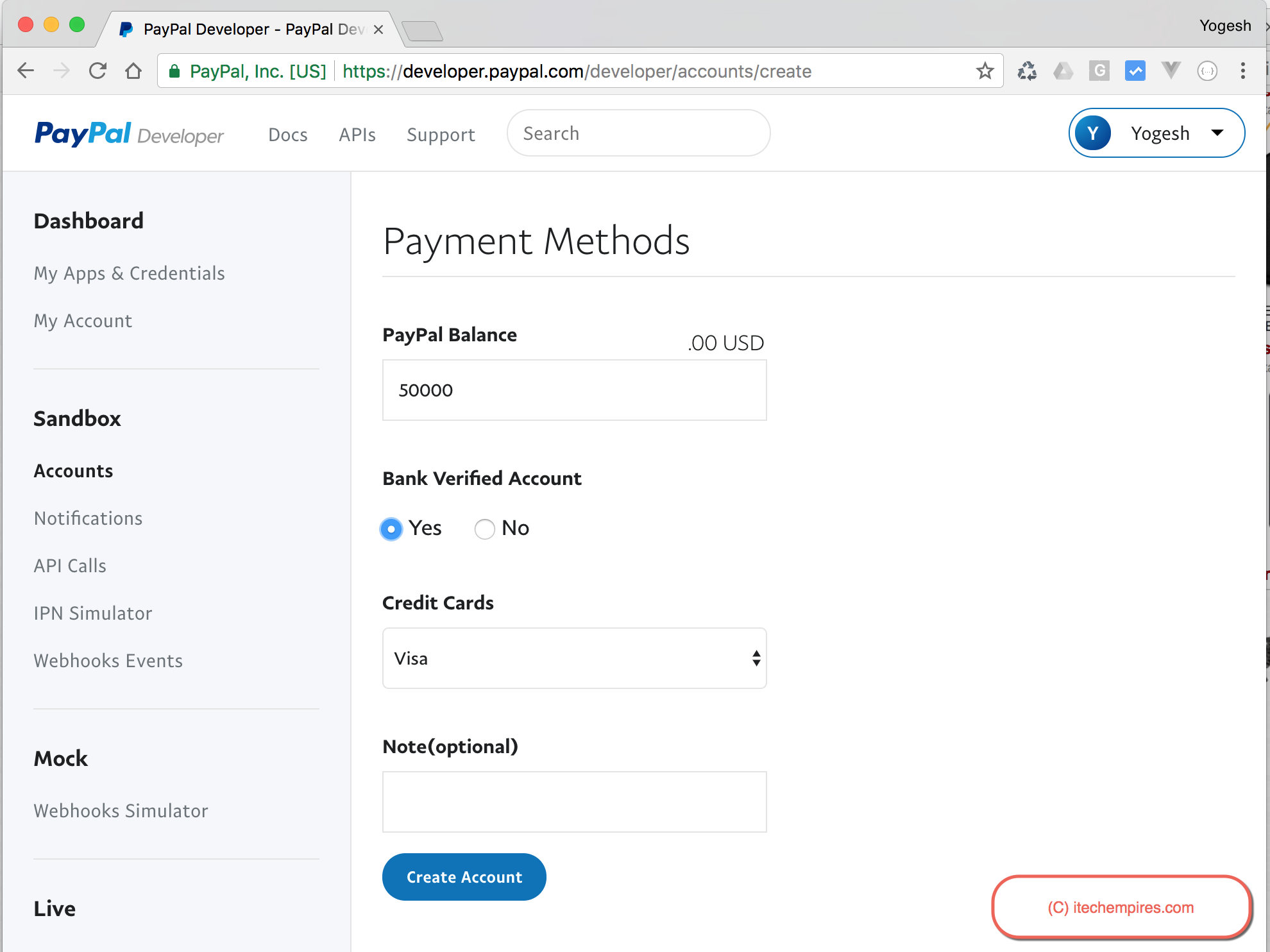 Create sandbox account enter payment methods