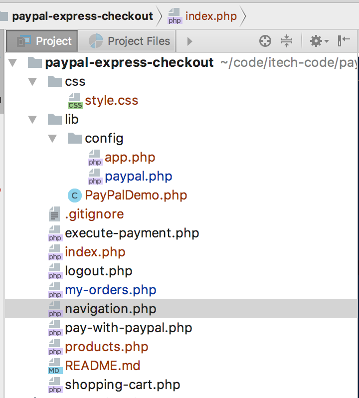 PayPal Express checkout in PHP MySQL Folder Structure