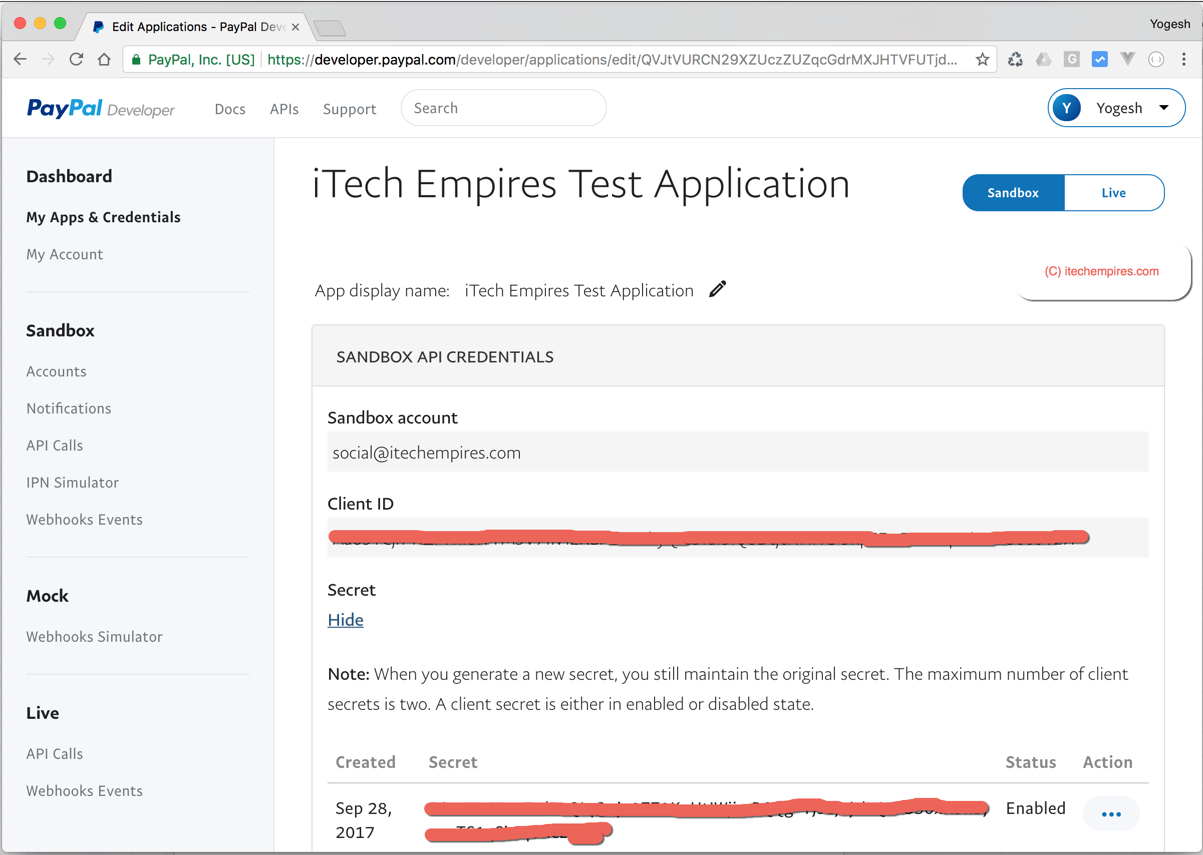 REST API Application Details Screen