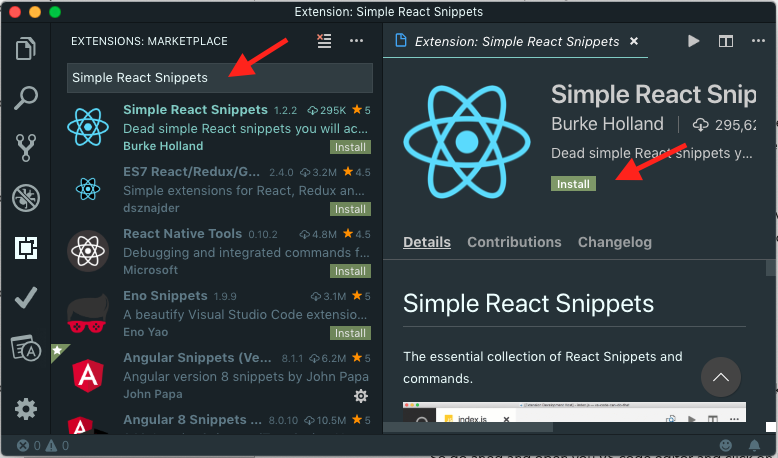 Installing Simple React Snippets in VS Code